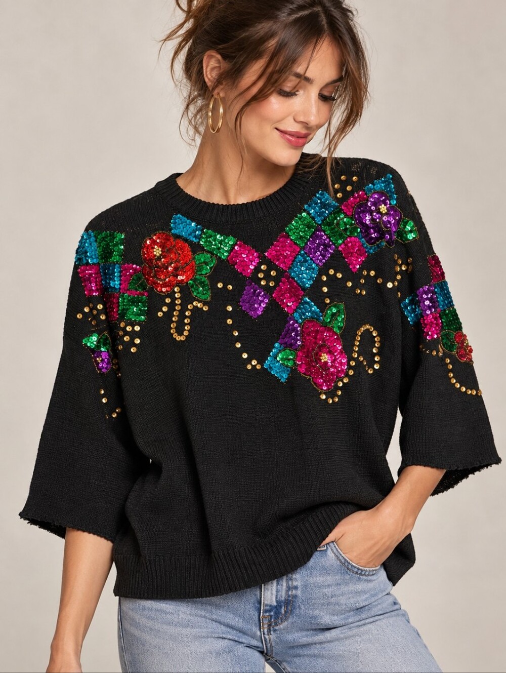 Mister Noah Vintage Black Sequin Floral Embellished Sweater Size M